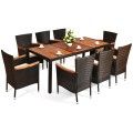 9 Pcs Patio Rattan Dining Set 8 Chairs Cushioned Acacia Table Top image