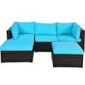 5pcs Patio Rattan Sectional Conversation Ottoman Furniture Set-Blue image